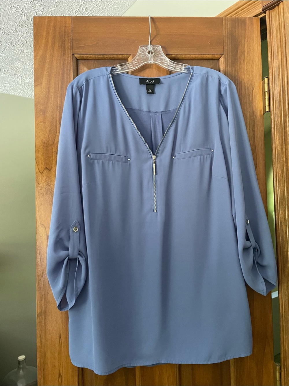 AGB Dusty Blue Zip-Front Tunic Blouse